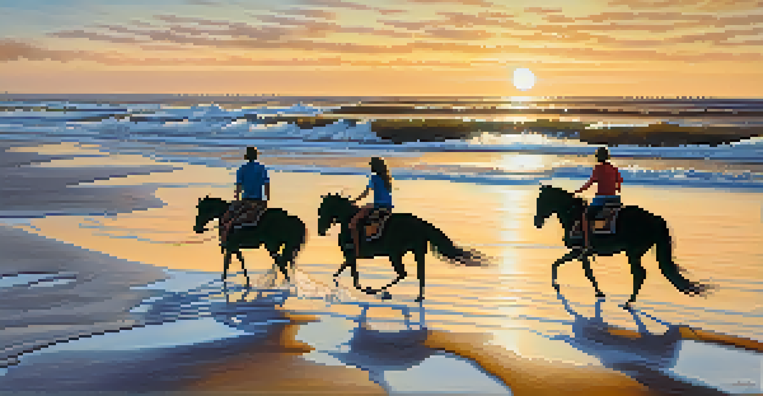 A family exploring the beach in the Outer Banks, with wild horses running along the shore during sunset.