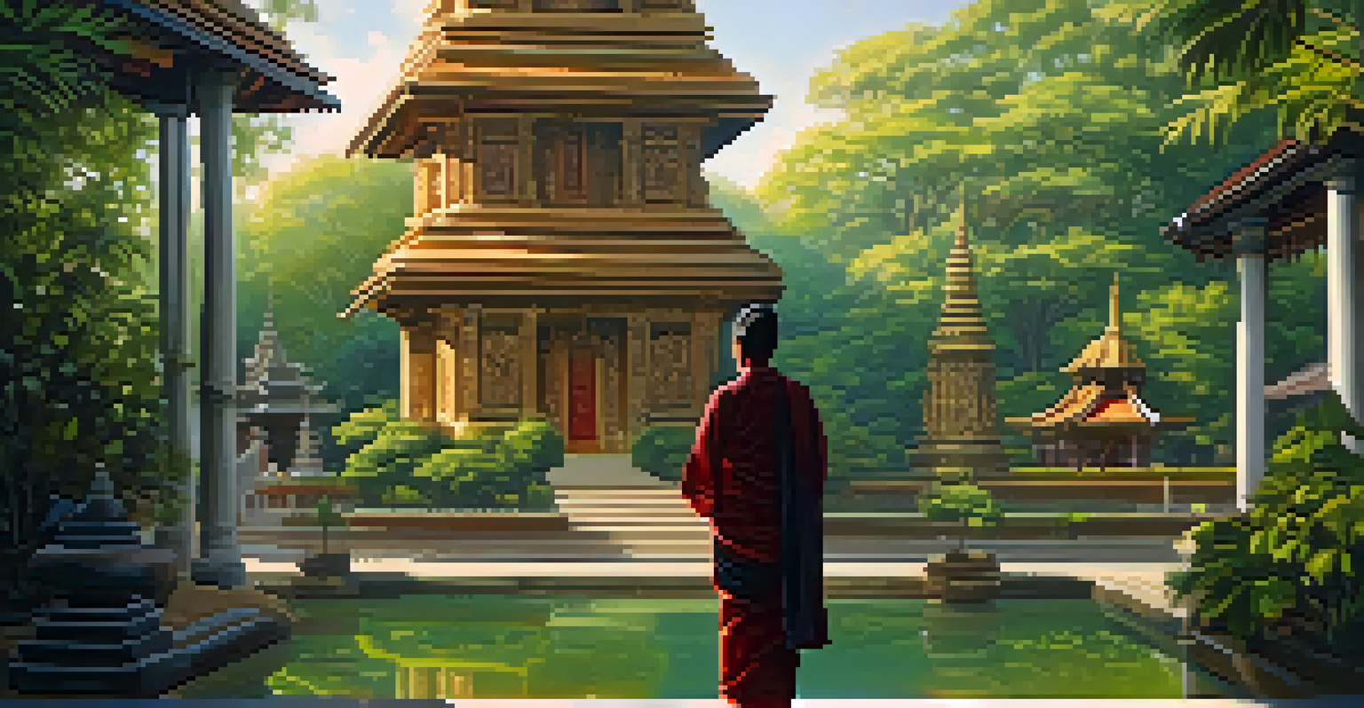 A traveler in modest attire admiring a Thai temple, surrounded by lush greenery and warm sunlight.