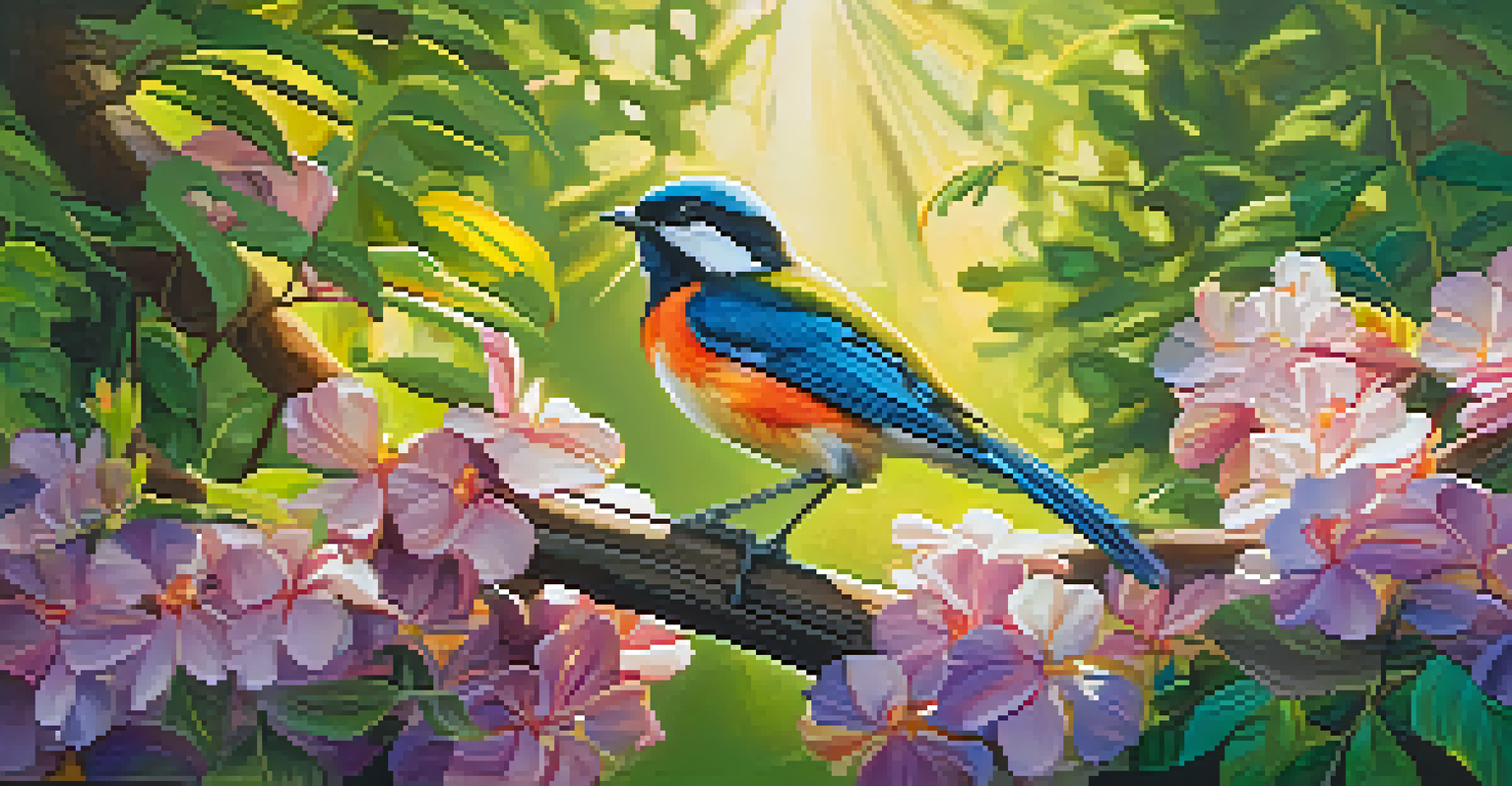 A colorful bird perched on a branch in a vibrant forest, with sunlight highlighting its feathers and surrounding flowers.