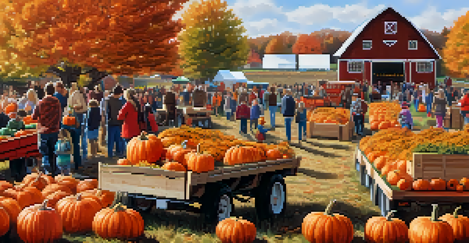 An autumn festival at a local farm with families enjoying hayrides and a pumpkin patch amidst colorful fall decorations.