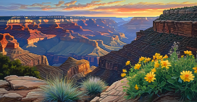 A breathtaking sunset view of the Grand Canyon with colorful sky reflections on the canyon walls and wildflowers in the foreground.