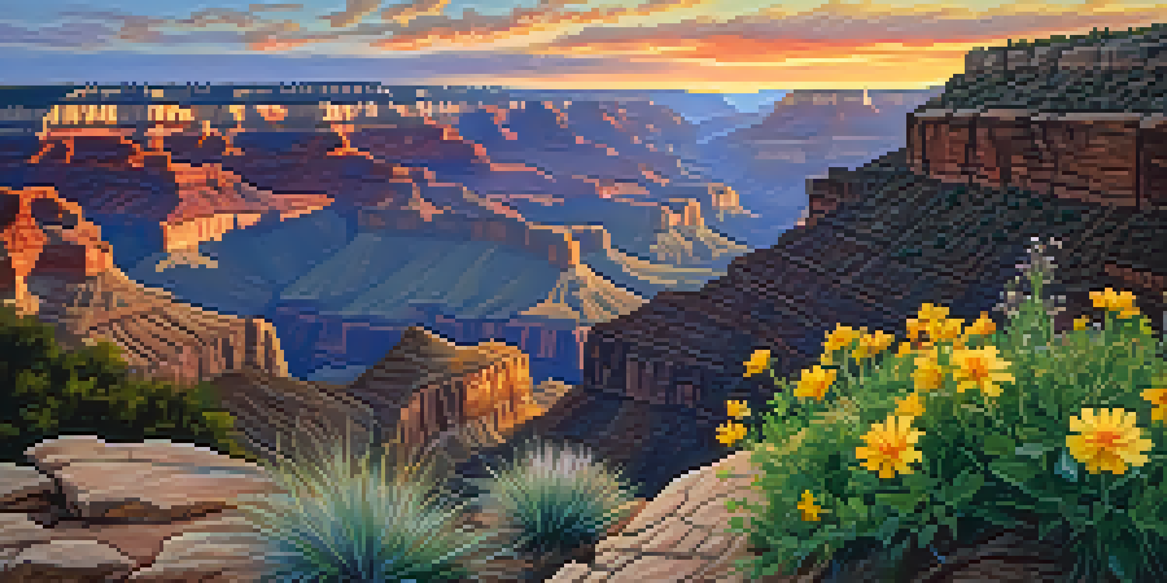 A breathtaking sunset view of the Grand Canyon with colorful sky reflections on the canyon walls and wildflowers in the foreground.