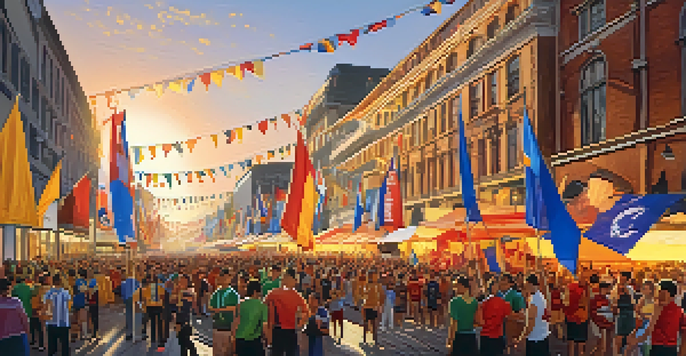 A busy city street filled with diverse crowds celebrating a major sporting event, with colorful banners and food stalls.