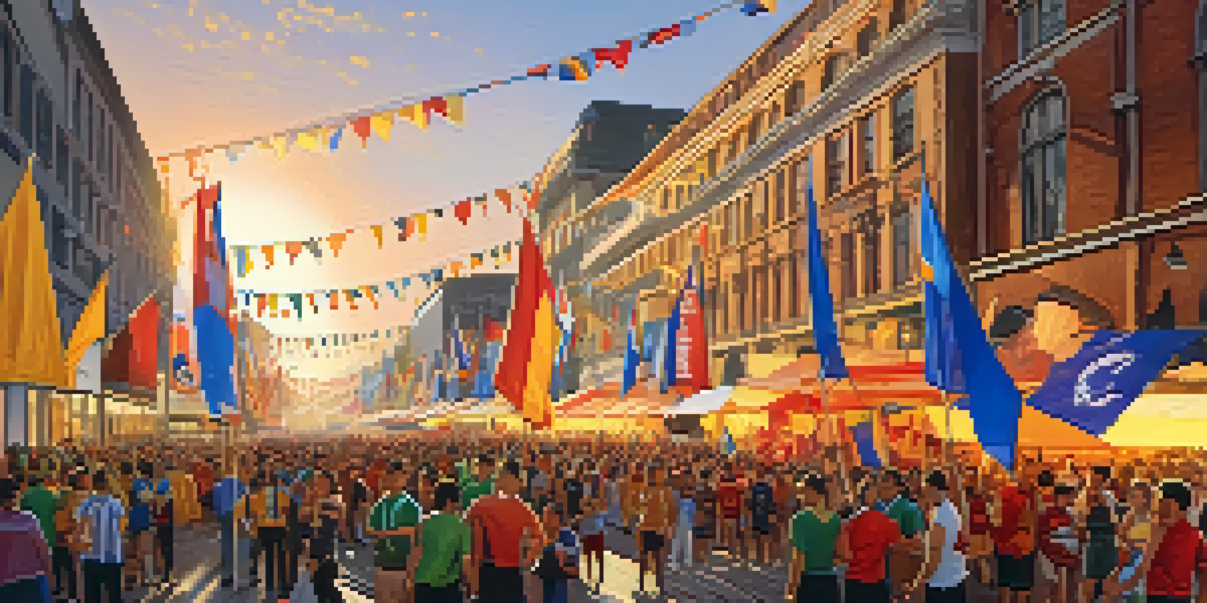 A busy city street filled with diverse crowds celebrating a major sporting event, with colorful banners and food stalls.