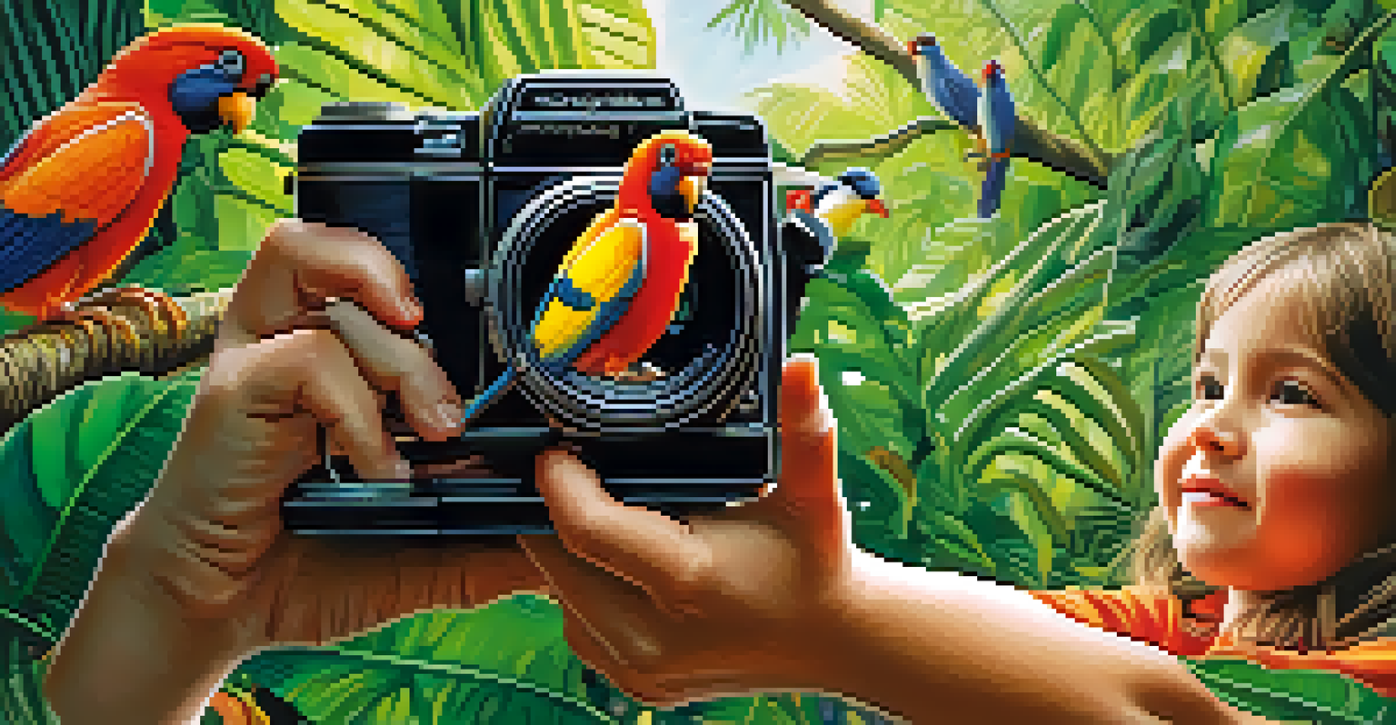 A child taking a photograph of a colorful bird in a jungle, with vibrant plants in the background.