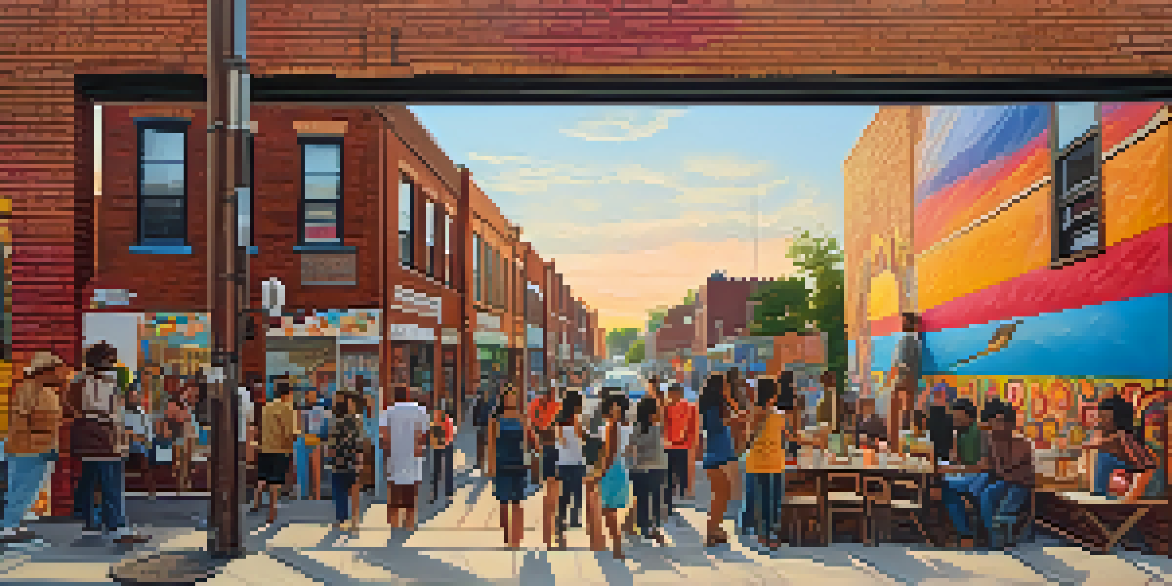 A lively street in Chicago's Pilsen neighborhood filled with colorful murals, local artists at work, and people enjoying the artwork and atmosphere under a warm sunset.