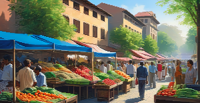 A lively outdoor market with colorful stalls and local vendors selling fresh produce under warm sunlight.