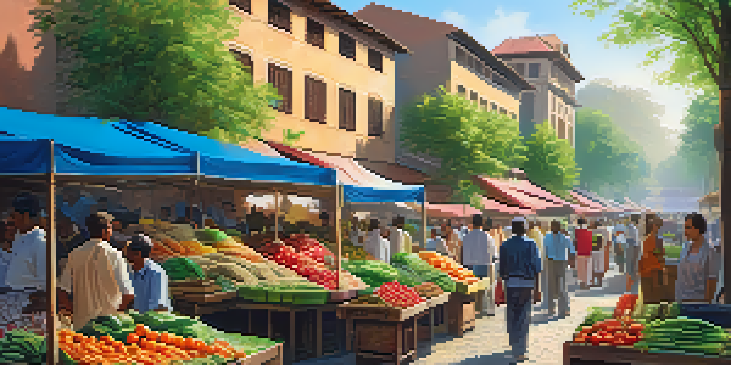 A lively outdoor market with colorful stalls and local vendors selling fresh produce under warm sunlight.