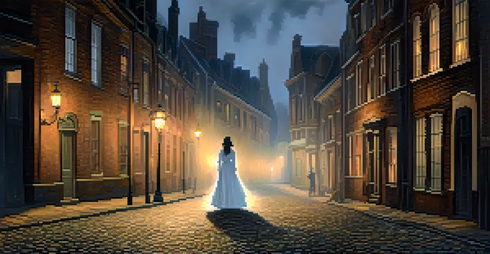 A ghostly figure in a vintage dress floats above a cobblestone street, surrounded by historic buildings and fog.