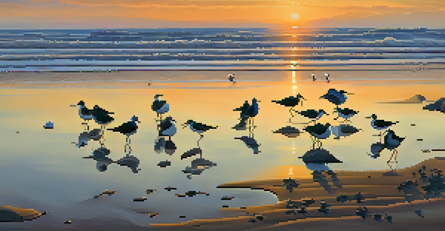 A peaceful coastal scene at sunrise with shorebirds and colorful reflections in the water.