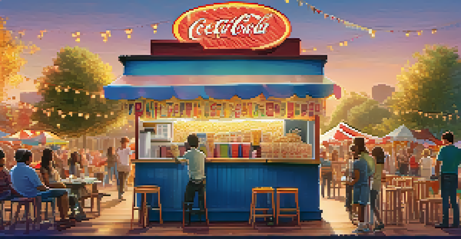 A popcorn stand at an outdoor film event, with colorful decorations and snacks, and people watching a film in the background.
