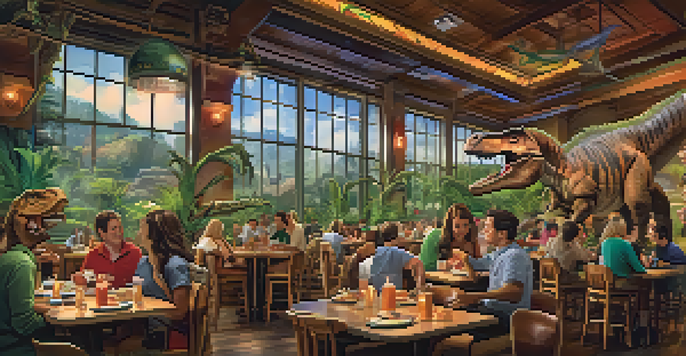 Families enjoying a meal at T-Rex Cafe surrounded by animatronic dinosaurs and prehistoric decor.