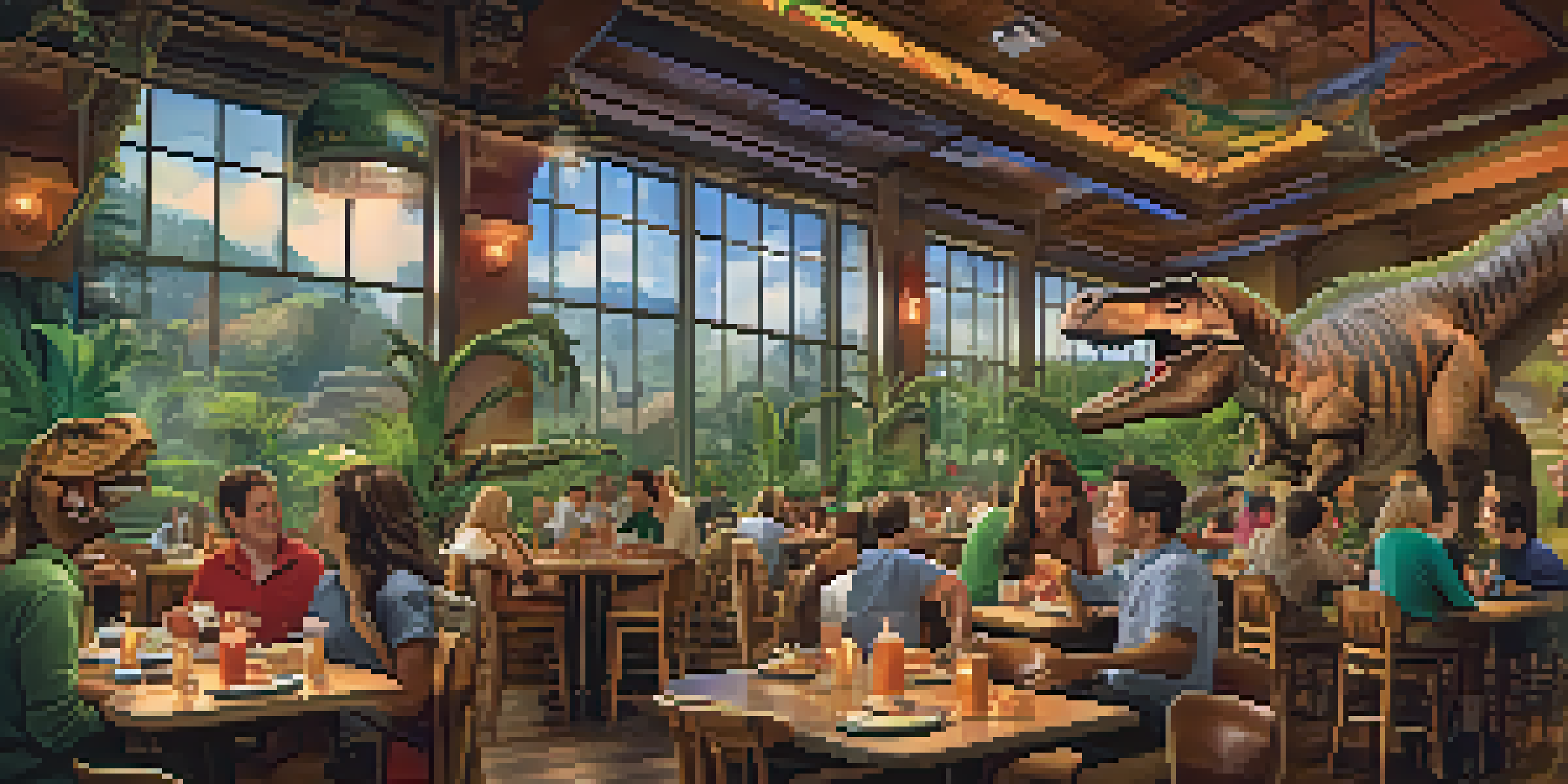 Families enjoying a meal at T-Rex Cafe surrounded by animatronic dinosaurs and prehistoric decor.