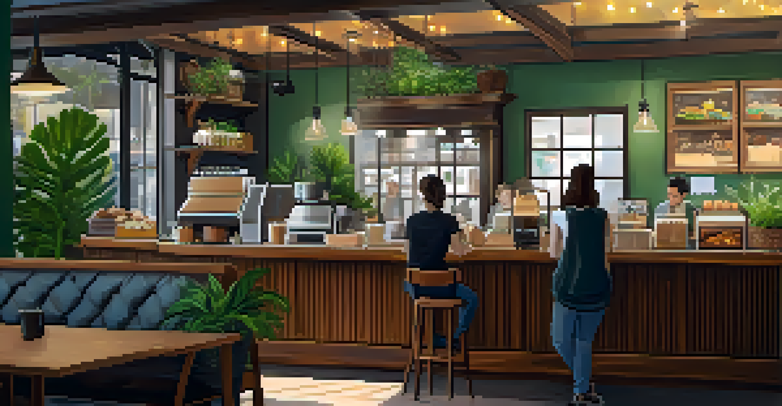 A cozy coffee shop with wooden furniture, plants, and a barista serving coffee.