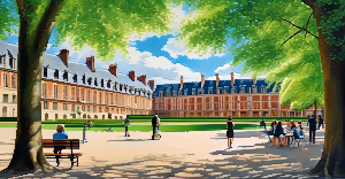 A sunny day at Place des Vosges in Paris, featuring red-brick buildings and people having picnics in a green park.