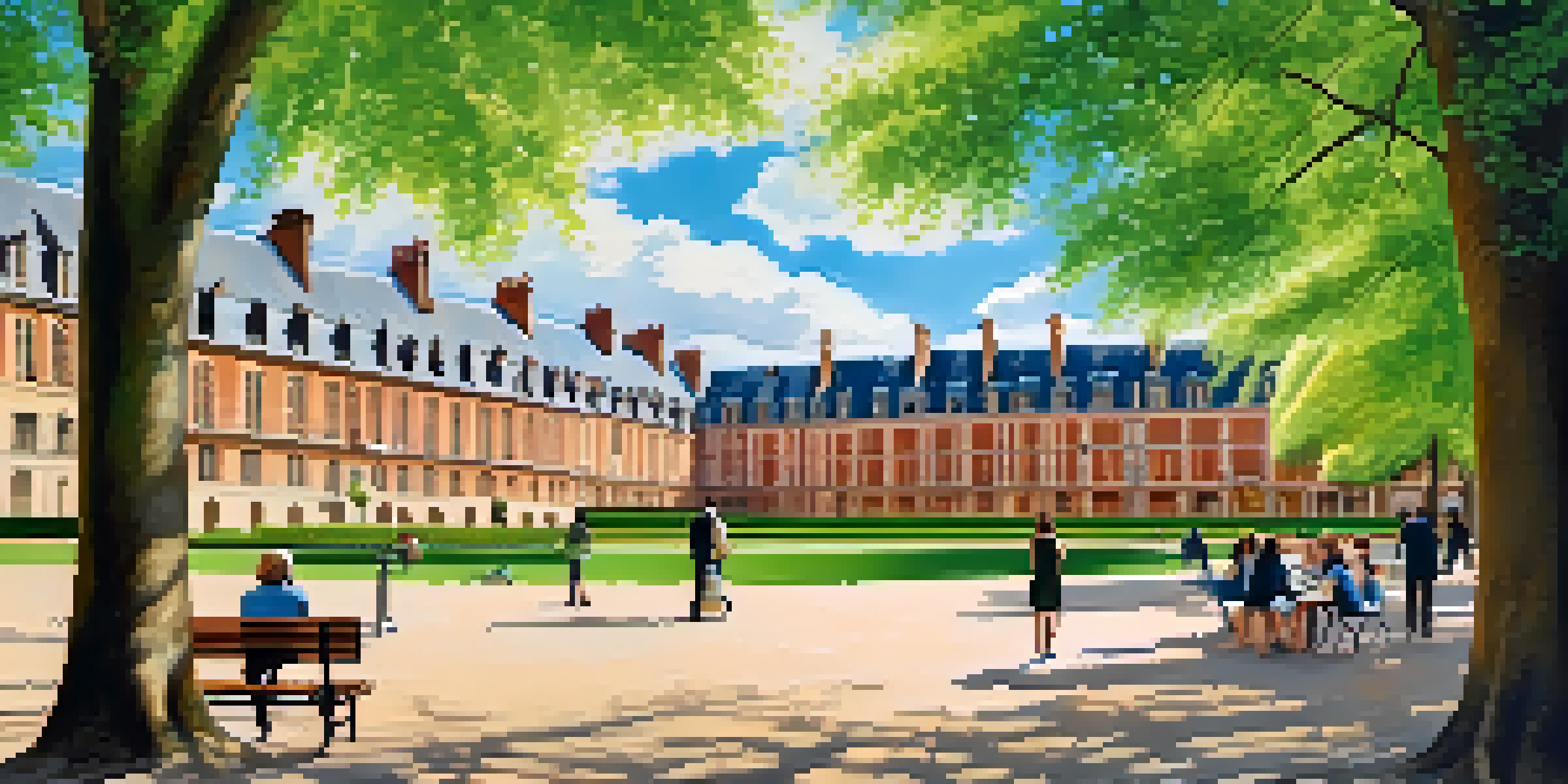 A sunny day at Place des Vosges in Paris, featuring red-brick buildings and people having picnics in a green park.
