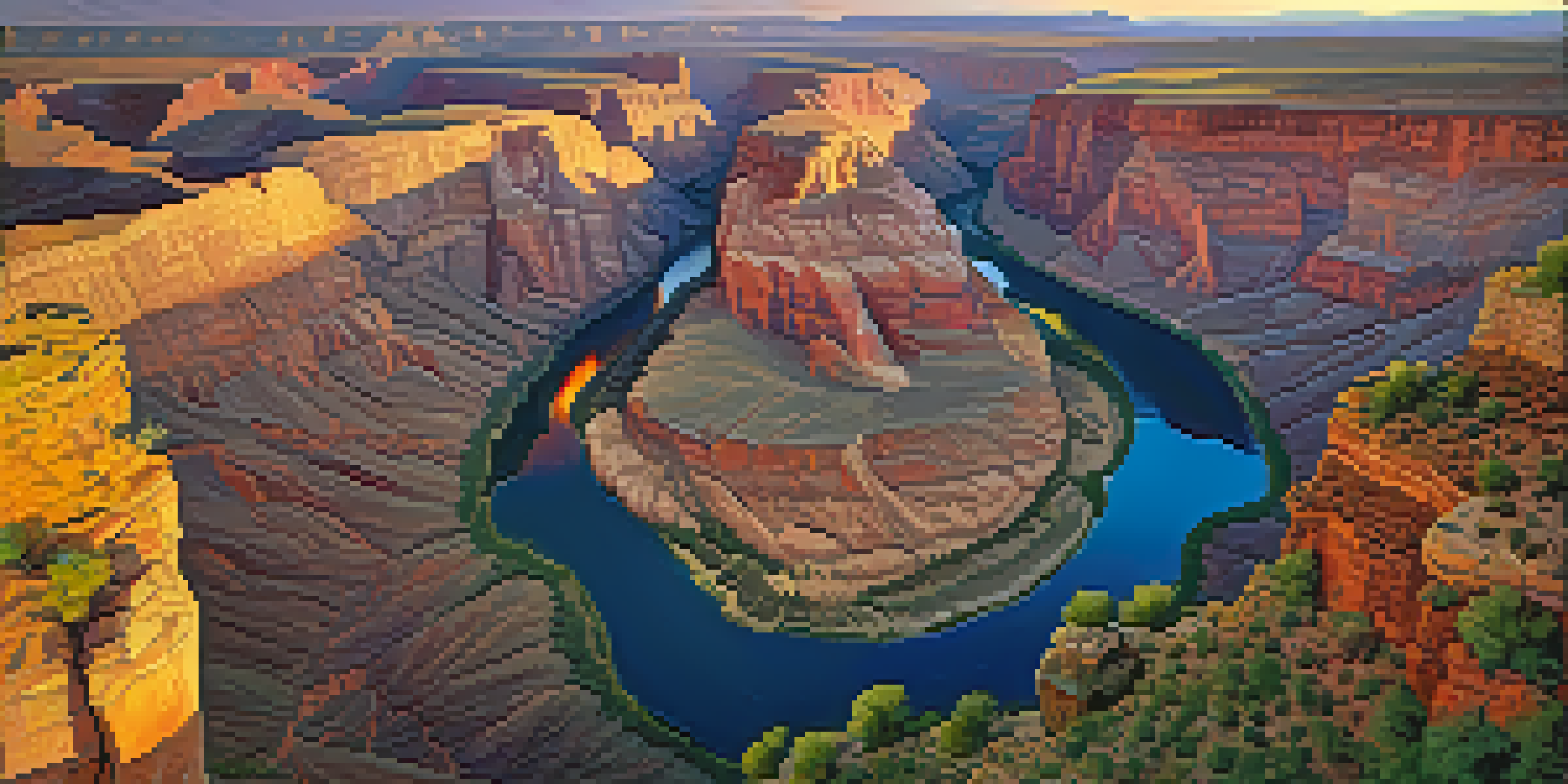Aerial view of the Grand Canyon during sunset, highlighting colorful rock formations and the Colorado River.