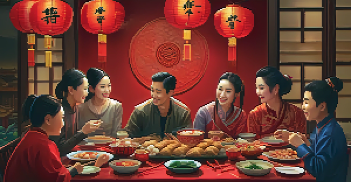 A family celebrating Chinese New Year at a dinner table filled with traditional dishes and red decorations, with fireworks in the background.