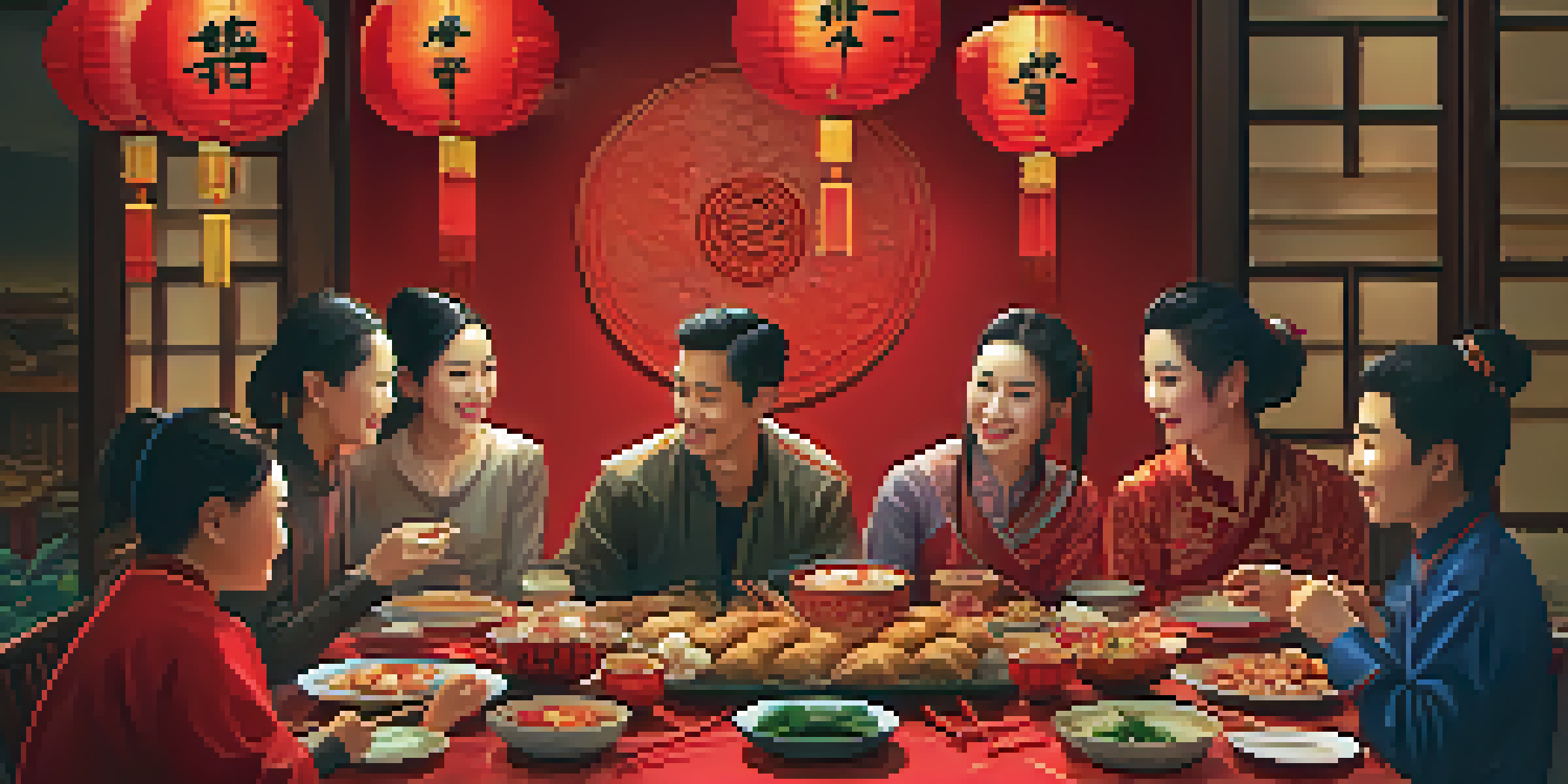 A family celebrating Chinese New Year at a dinner table filled with traditional dishes and red decorations, with fireworks in the background.