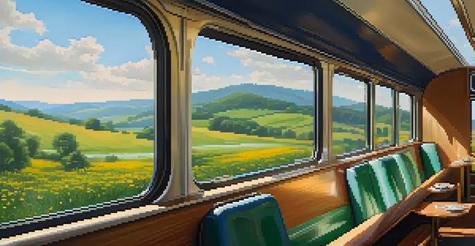 A view from a train window, displaying green hills and colorful wildflowers with bright sunlight.