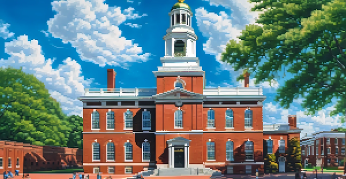 A bright summer day scene of Independence Hall, showcasing its red brick architecture and bell tower, surrounded by green trees and visitors.