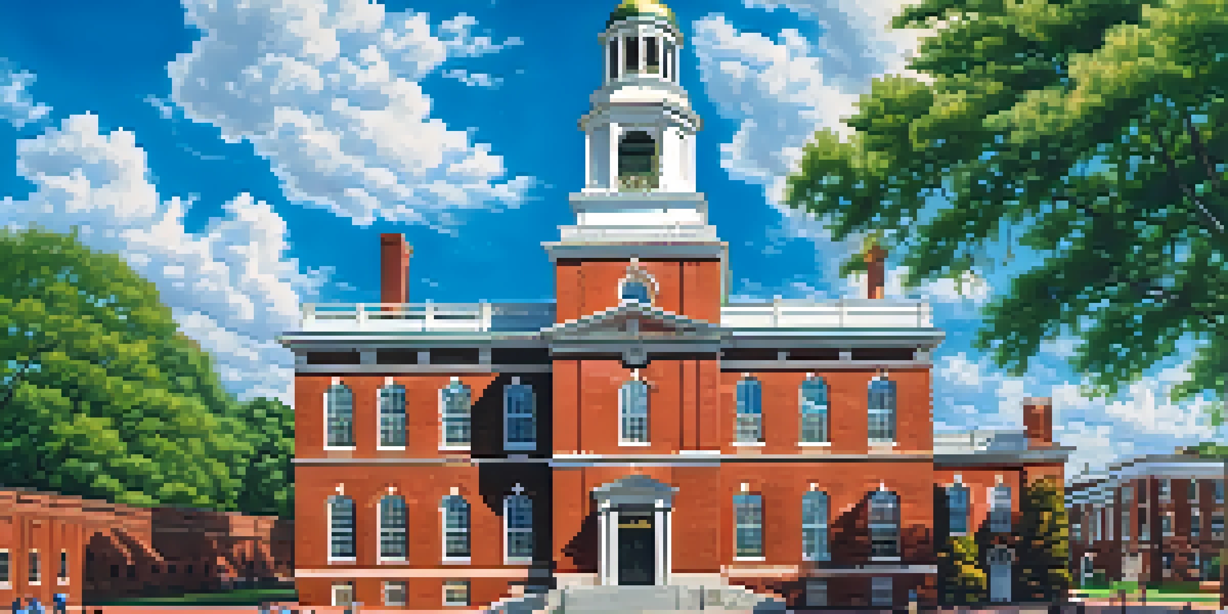 A bright summer day scene of Independence Hall, showcasing its red brick architecture and bell tower, surrounded by green trees and visitors.