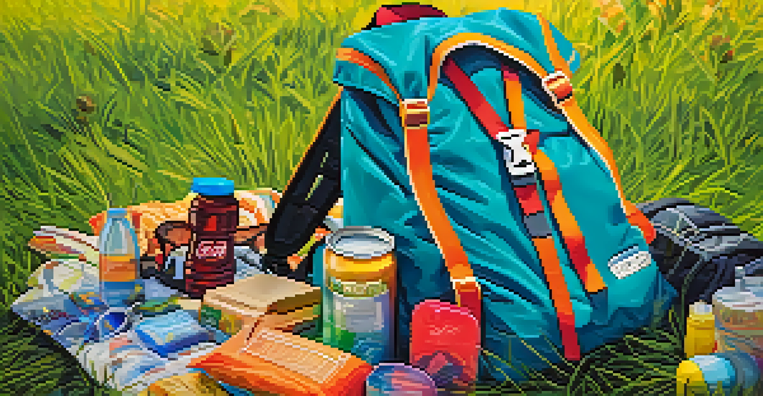 A packed daypack on grass with a water bottle, snacks, and sunscreen, set against a blurred festival scene.