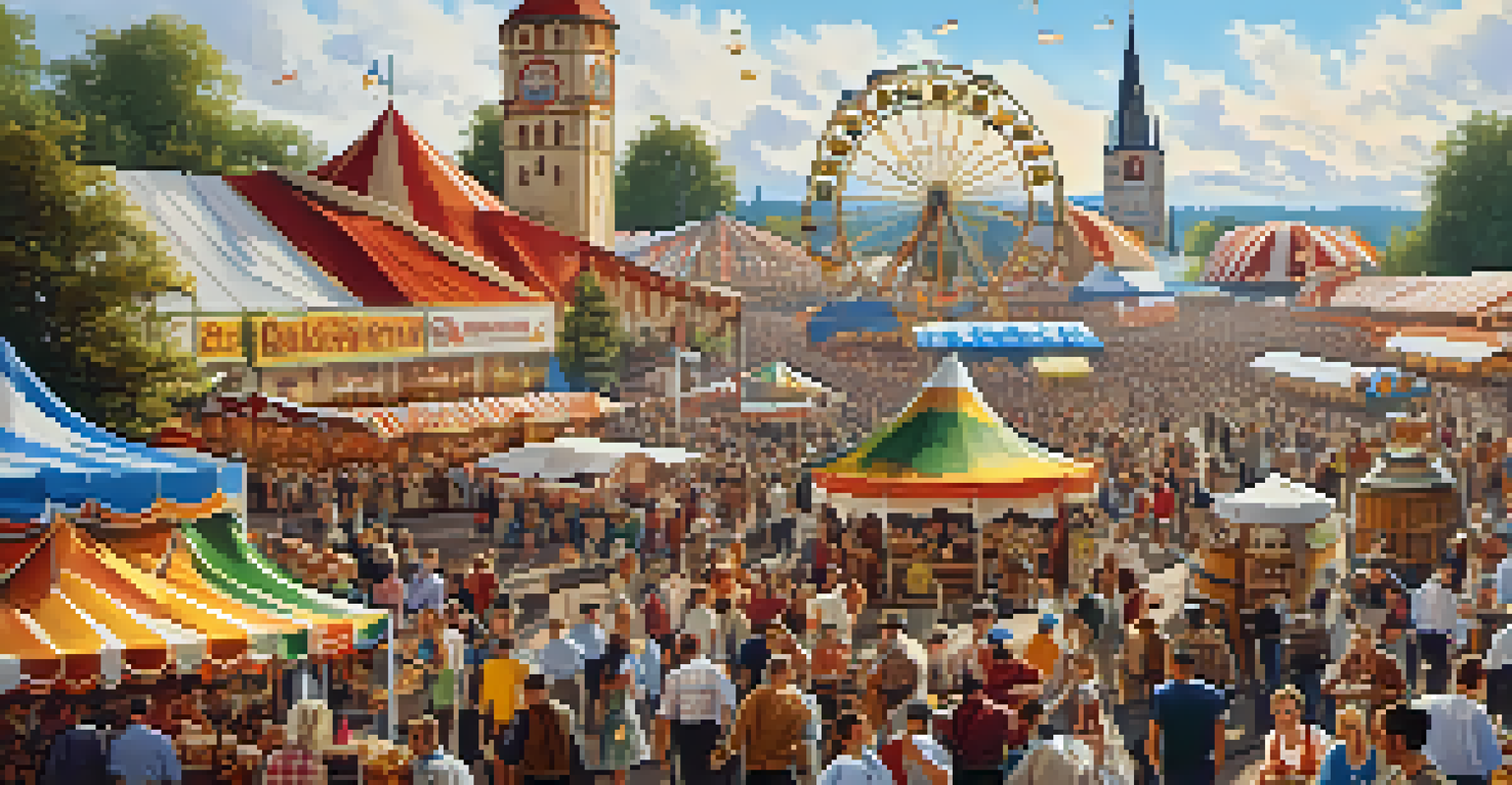Visitors enjoying Oktoberfest in Munich with beer tents, traditional Bavarian food, and a lively atmosphere.