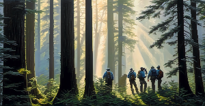 A group of adventurers in a misty forest, looking through binoculars in search of Bigfoot.