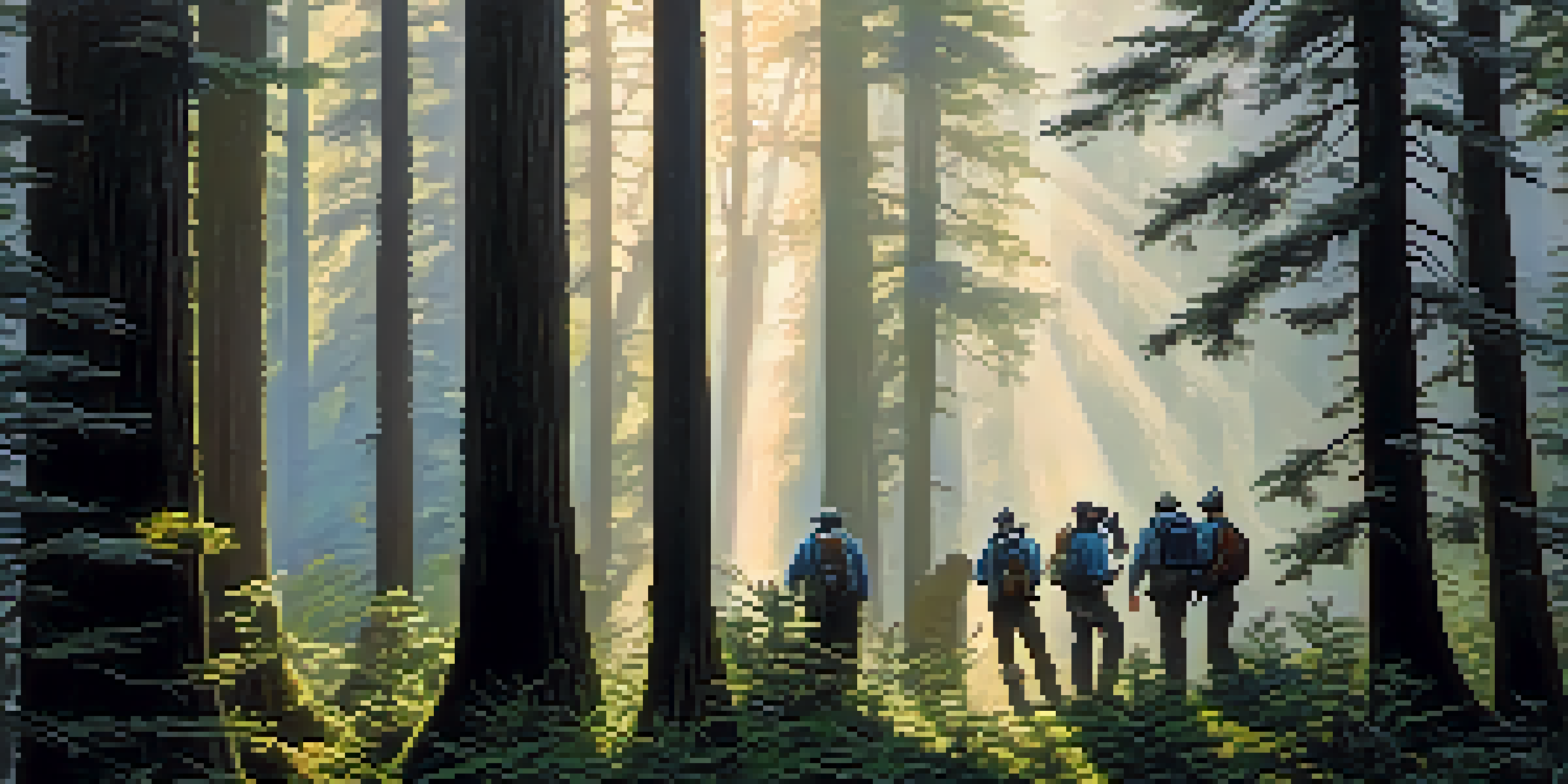 A group of adventurers in a misty forest, looking through binoculars in search of Bigfoot.