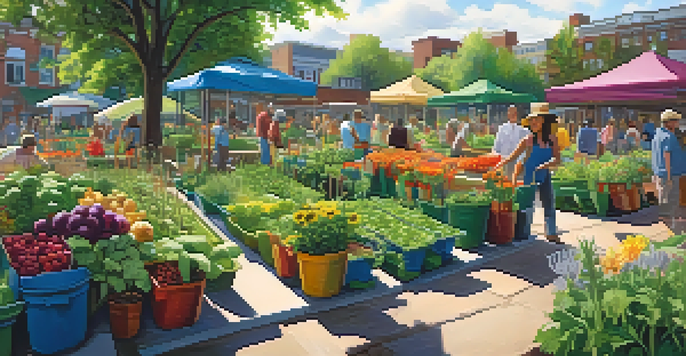 A lively community garden with people gardening, surrounded by colorful flowers and vegetables, illuminated by sunlight.