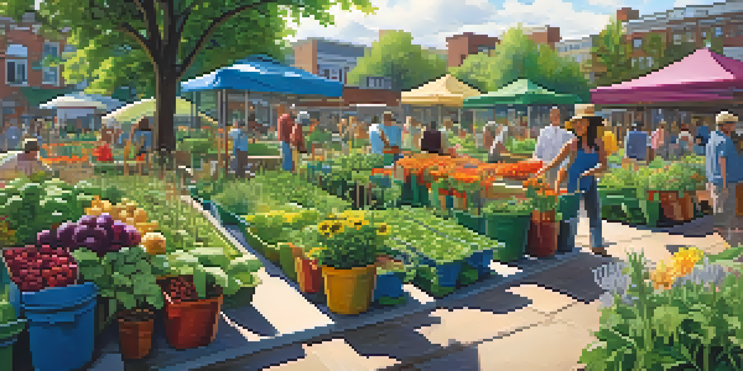 A lively community garden with people gardening, surrounded by colorful flowers and vegetables, illuminated by sunlight.
