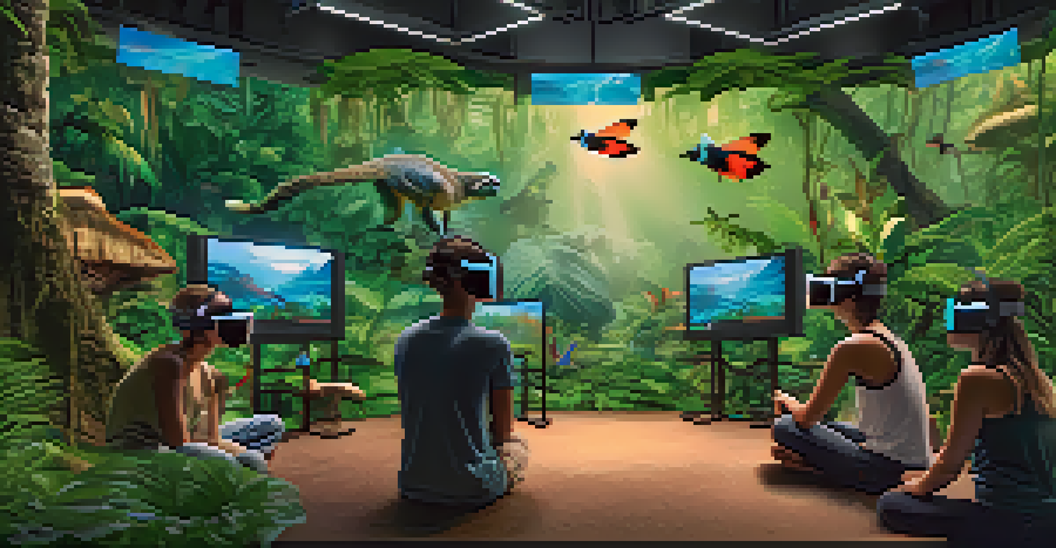 Young people experiencing a virtual reality rainforest simulation in a classroom, interacting with virtual wildlife.