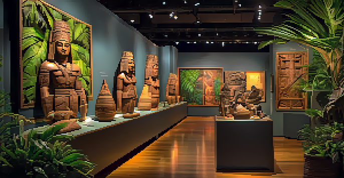 A museum exhibit with visitors exploring Polynesian artifacts in a recreated historical setting, surrounded by tropical plants and warm lighting.