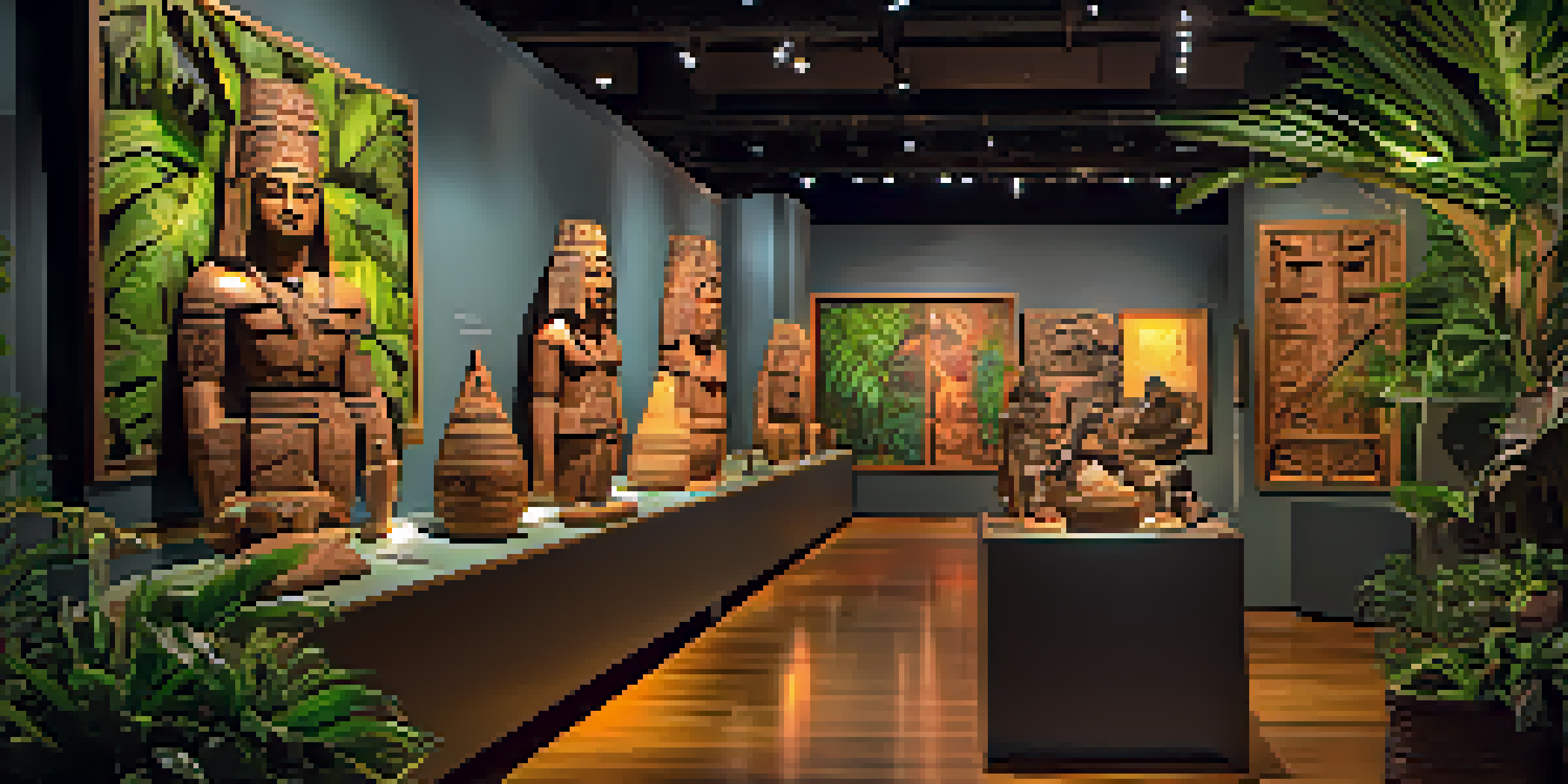A museum exhibit with visitors exploring Polynesian artifacts in a recreated historical setting, surrounded by tropical plants and warm lighting.