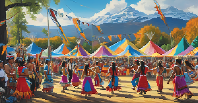 A colorful festival with Native American dancers in traditional attire, surrounded by a lively crowd and scenic mountains in the background.