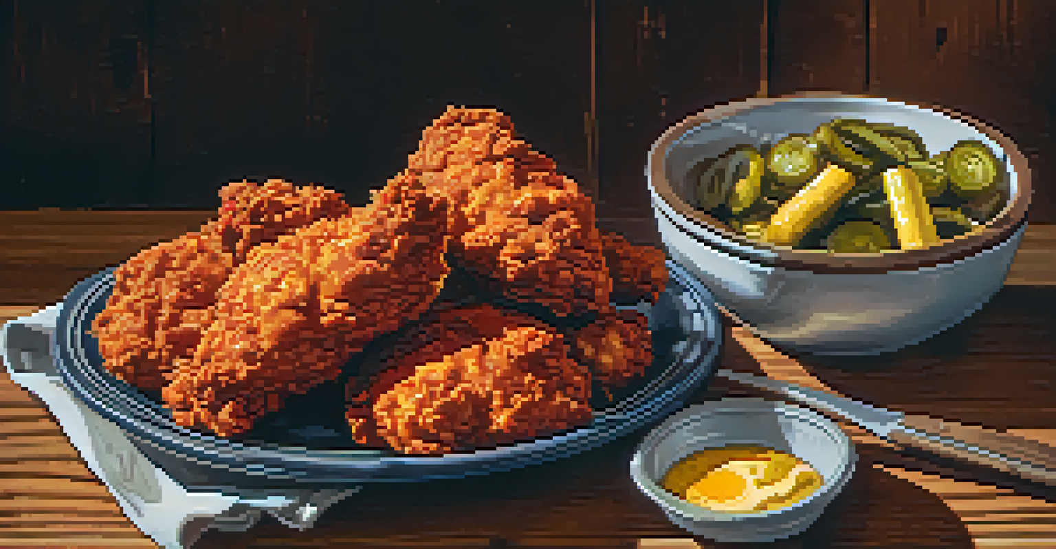 A plate of Nashville hot chicken with pickles and biscuits on a wooden table.