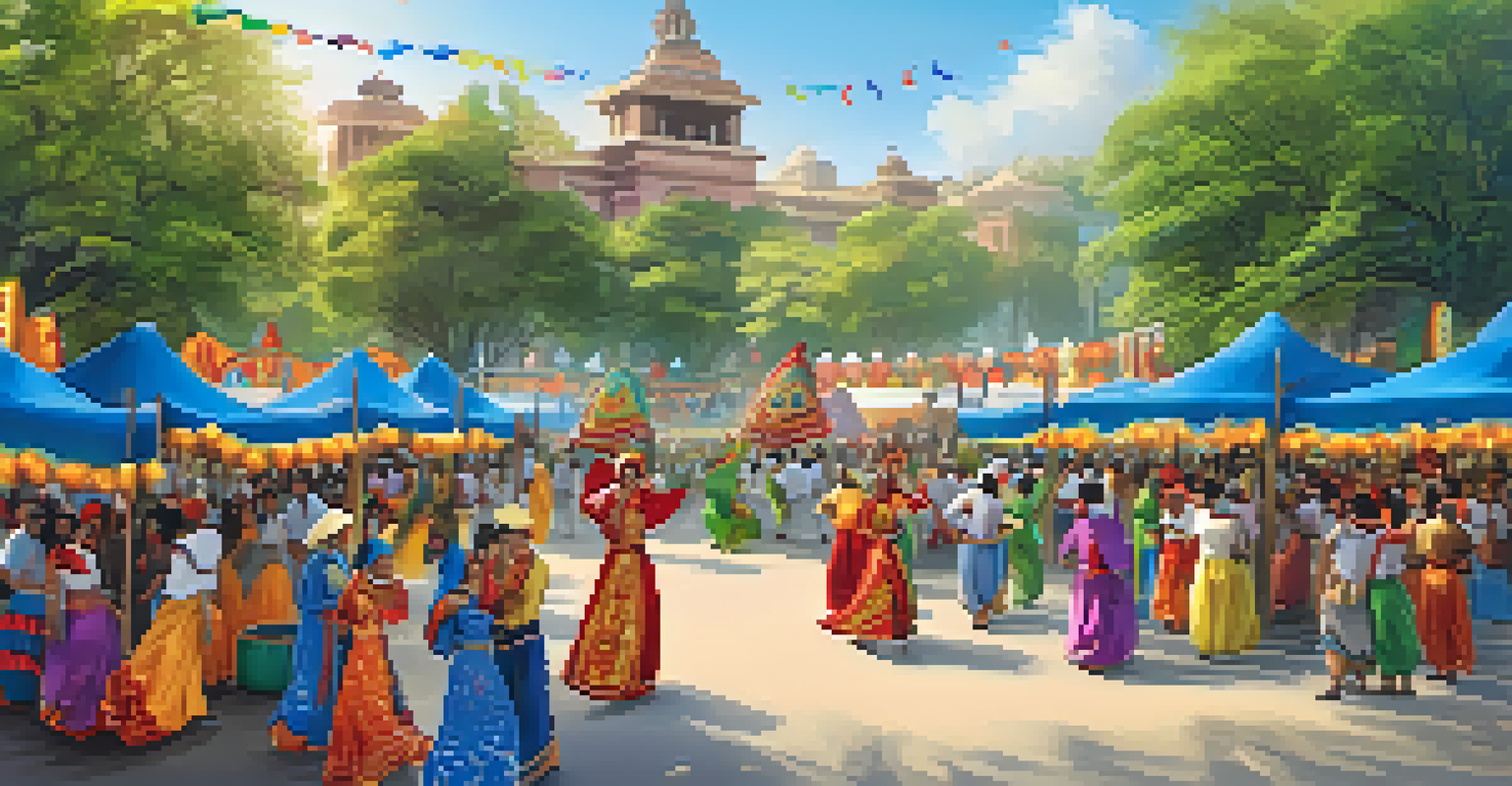 A cultural festival with local dancers in vibrant costumes, tourists enjoying the festivities, and stalls of crafts and foods.