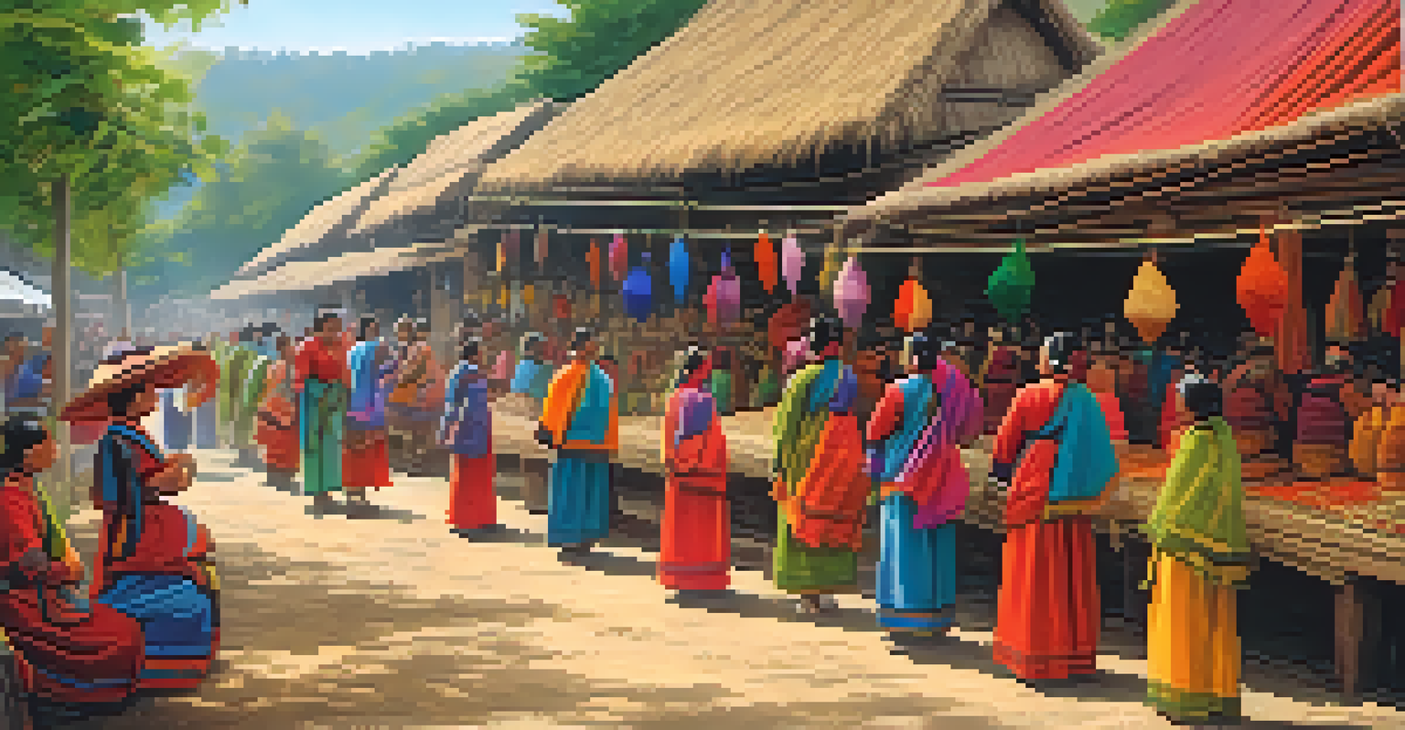 A vibrant outdoor festival featuring stalls of handmade textiles and artisans engaging with visitors in a rural community.