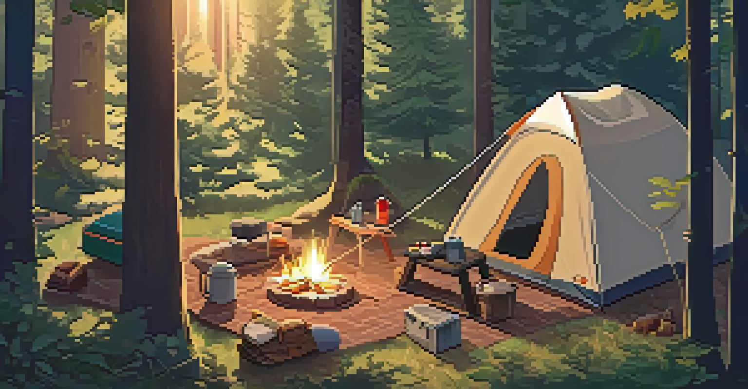 An organized camping site in a forest with a tent, campfire, and picnic setup, illuminated by sunlight filtering through the trees.