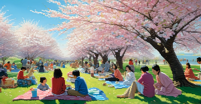 A lively Cherry Blossom Festival with people picnicking under blooming trees, surrounded by pink petals and a clear blue sky.