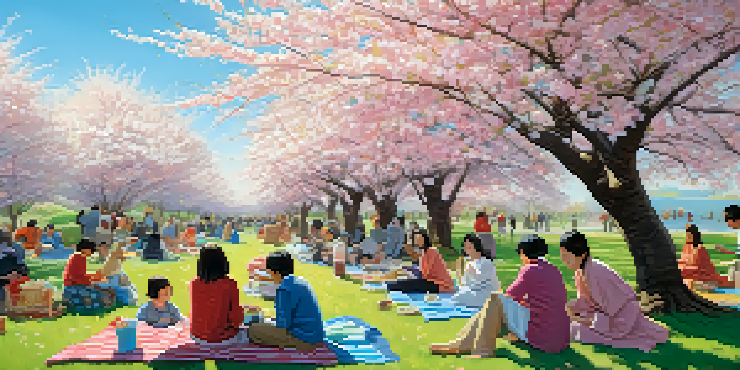 A lively Cherry Blossom Festival with people picnicking under blooming trees, surrounded by pink petals and a clear blue sky.