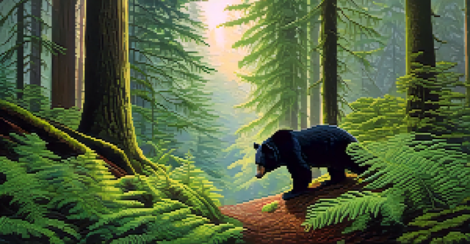 A lush temperate rainforest in the Pacific Northwest, featuring towering trees and vibrant greenery, with a black bear visible in the background.