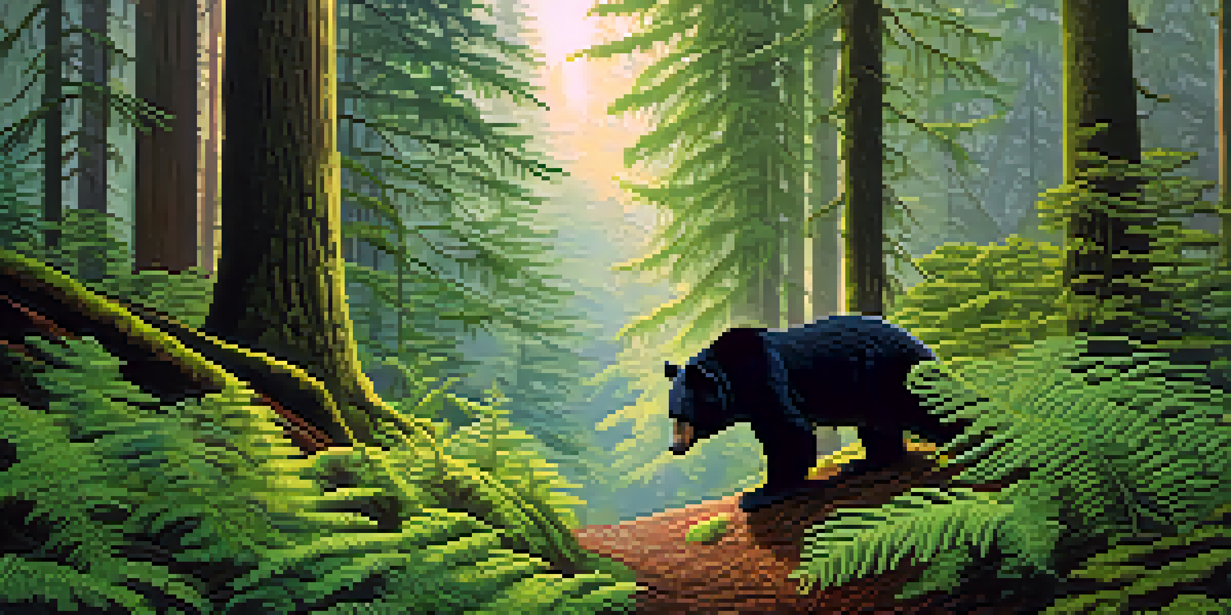 A lush temperate rainforest in the Pacific Northwest, featuring towering trees and vibrant greenery, with a black bear visible in the background.