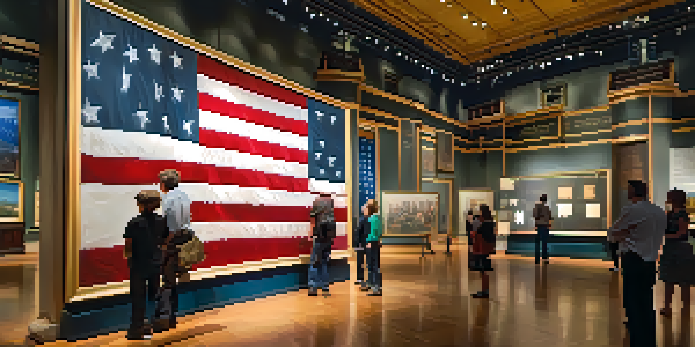 A scene inside the National Museum of American History featuring the Star-Spangled Banner surrounded by historical artifacts and visitors.
