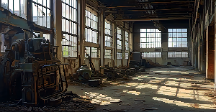 An interior of an abandoned factory with peeling paint, broken windows, and remnants of machinery, illuminated by soft sunlight.