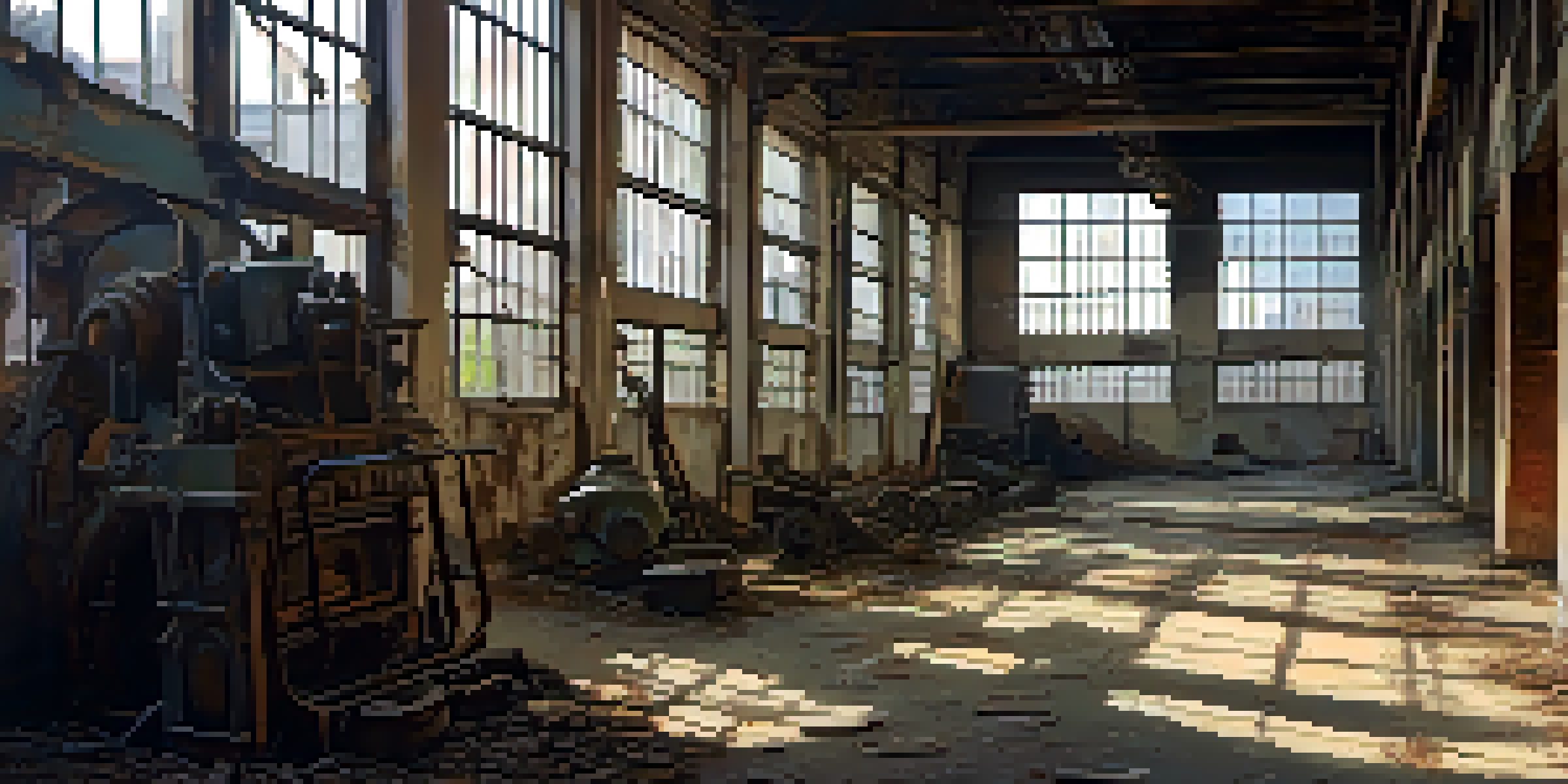 An interior of an abandoned factory with peeling paint, broken windows, and remnants of machinery, illuminated by soft sunlight.