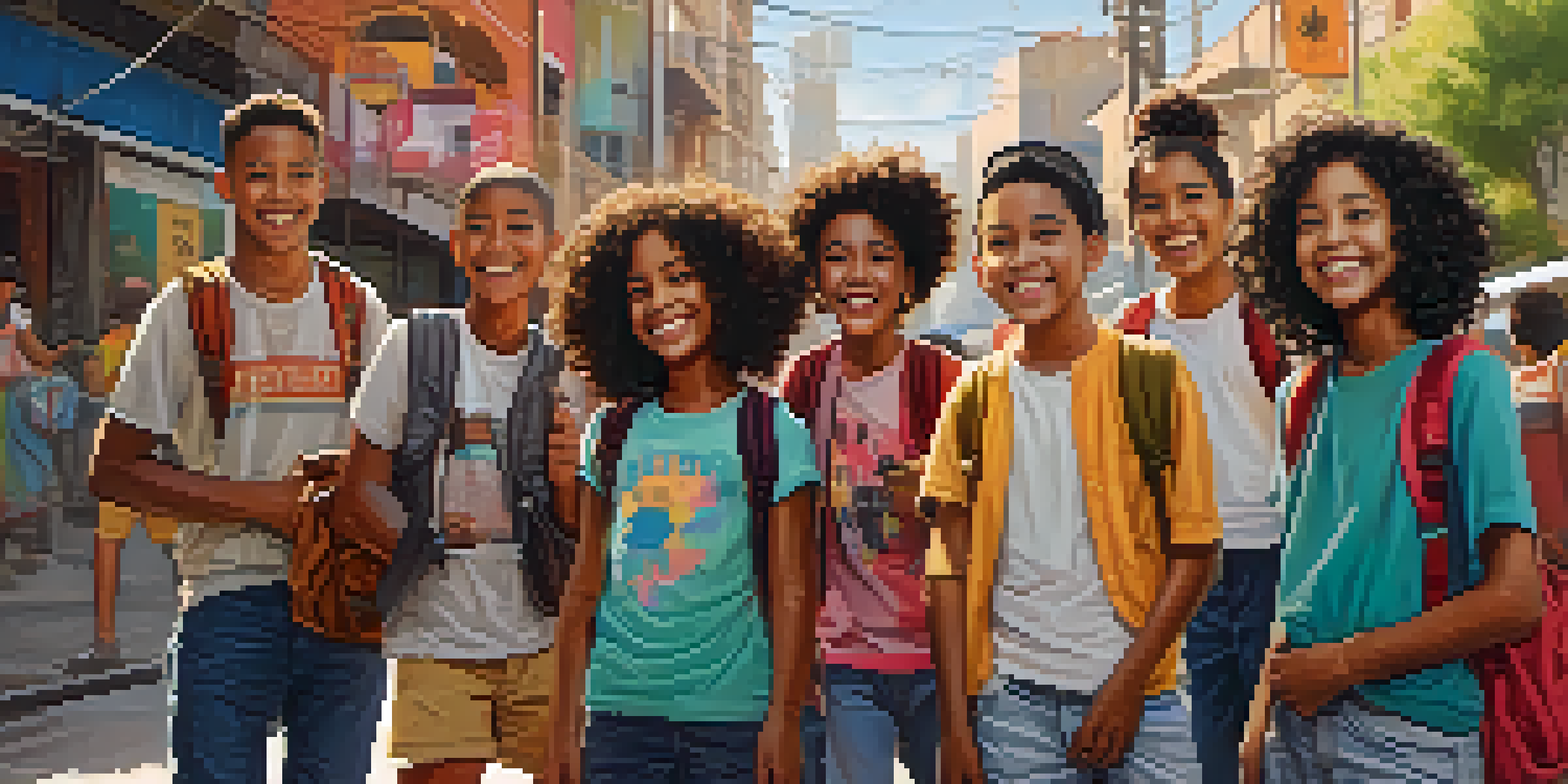 A group of diverse young travelers laughing together in an urban area with colorful street art, showcasing friendship and adventure.
