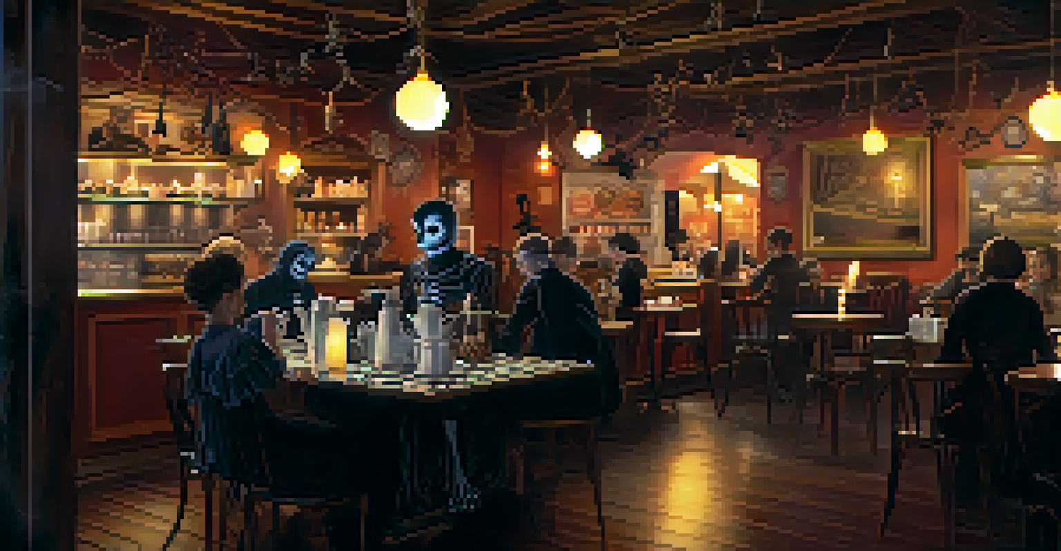 A spooky-themed café with a barista serving haunted tea to customers, surrounded by ghostly decorations.