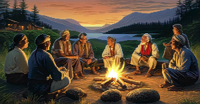 An elder sharing stories around a campfire with engaged tourists, surrounded by nature under a starry sky.